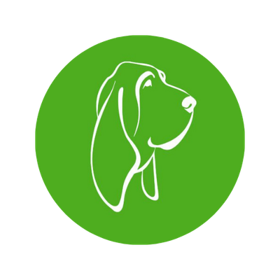 Contorno blanco de la cabeza de un perro sobre un c&iacute;rculo verde.