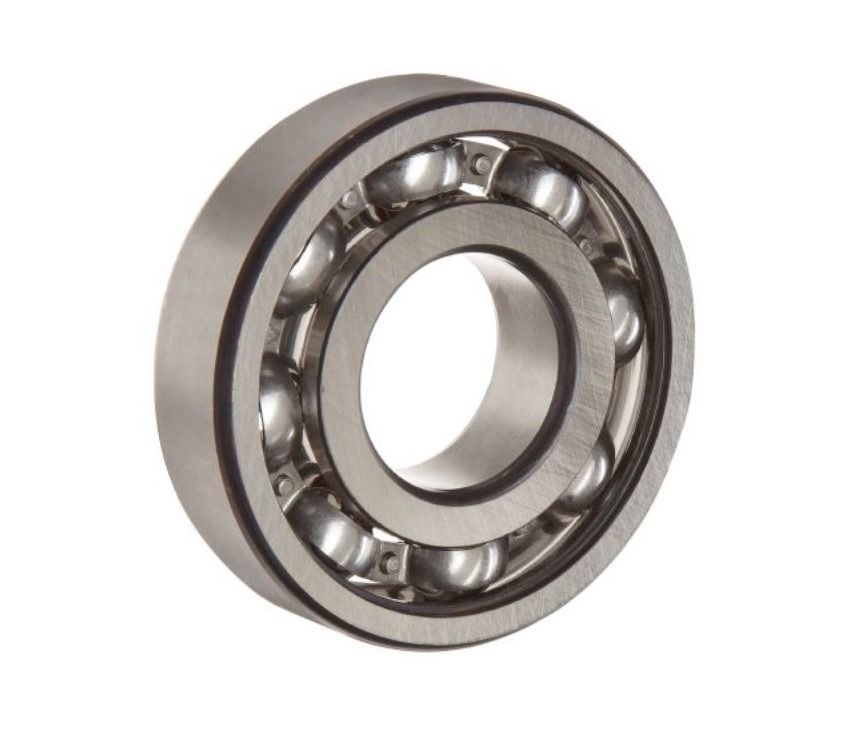 Cojinete de bolas, con bolas metálicas contenidas dentro de anillos exteriores e interiores.