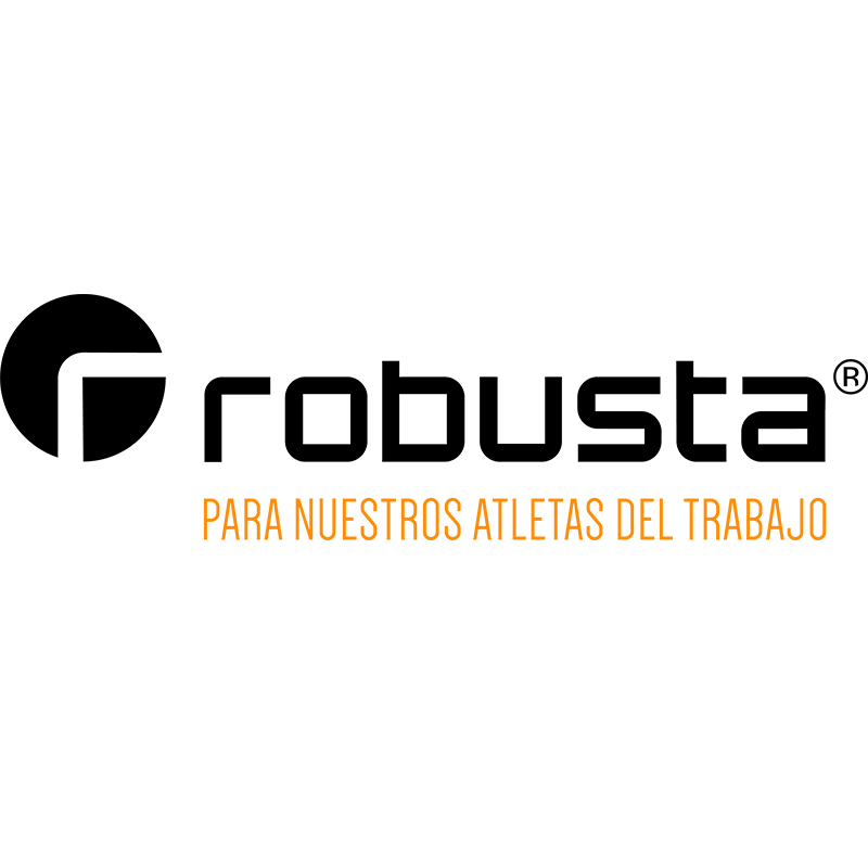Logotipo de Robusta, una marca para deportistas que trabajan. Texto en negro y naranja, con una