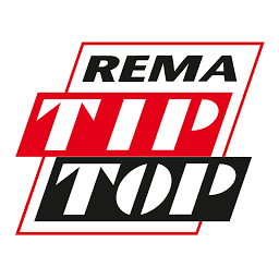Logotipo de REMA TIP TOP: texto en blanco y negro sobre rectángulos angulares de color rojo y blanco.