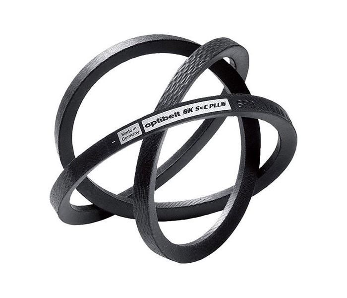 Correas de transmisión Optibelt 5K R+C PLUS negras entrelazadas sobre un fondo blanco.