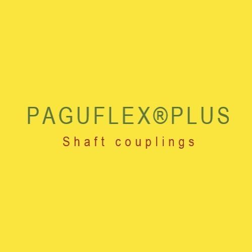 Logotipo sobre fondo amarillo: “PAGUFLEX®PLUS” en verde, con “Acoplamientos de ejes” en rojo debajo.