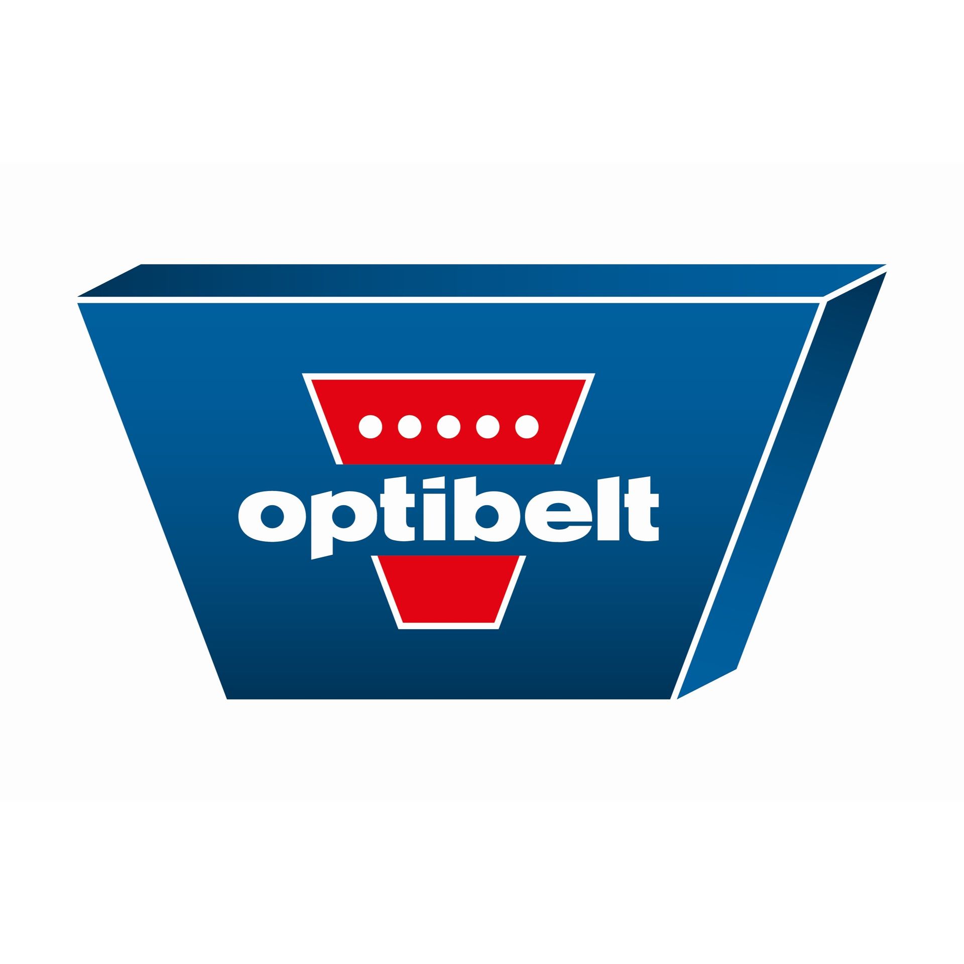 Logotipo de Optibelt: trapezoide azul con una forma interior roja, texto blanco y cuatro puntos blancos.