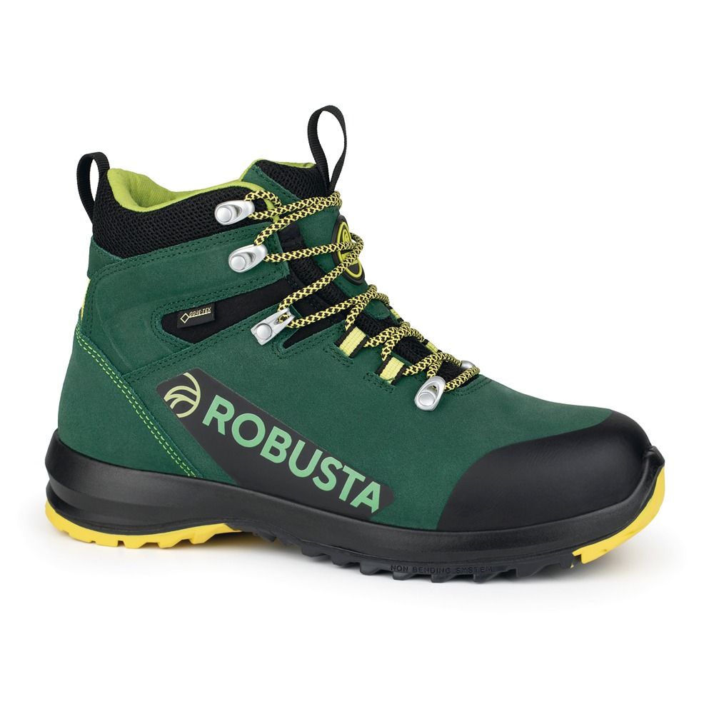 Bota de trabajo Robusta verde y negra con detalles amarillos, con etiqueta de Gore-Tex.