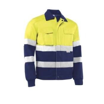 Chaqueta de trabajo de color amarillo y azul marino con rayas reflectantes blancas.
