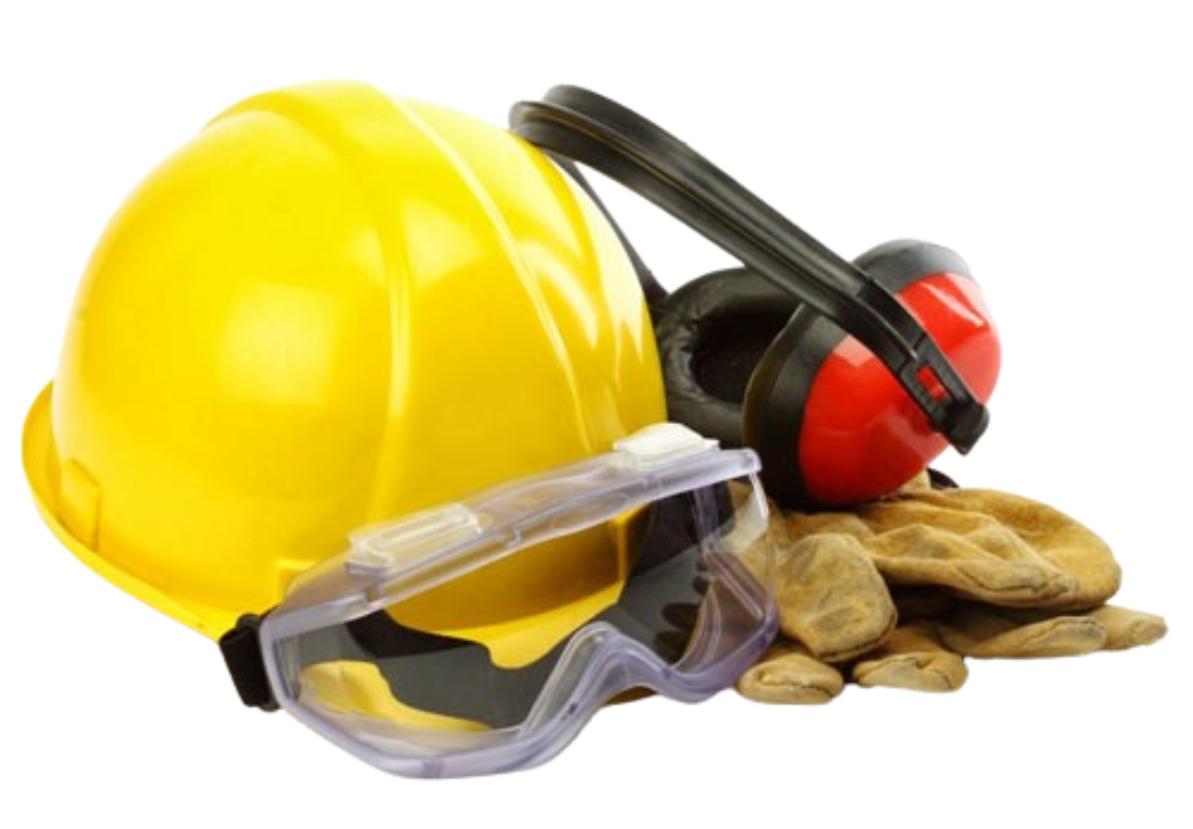 Casco amarillo, gafas de seguridad, orejeras y guantes de trabajo; equipo de seguridad.