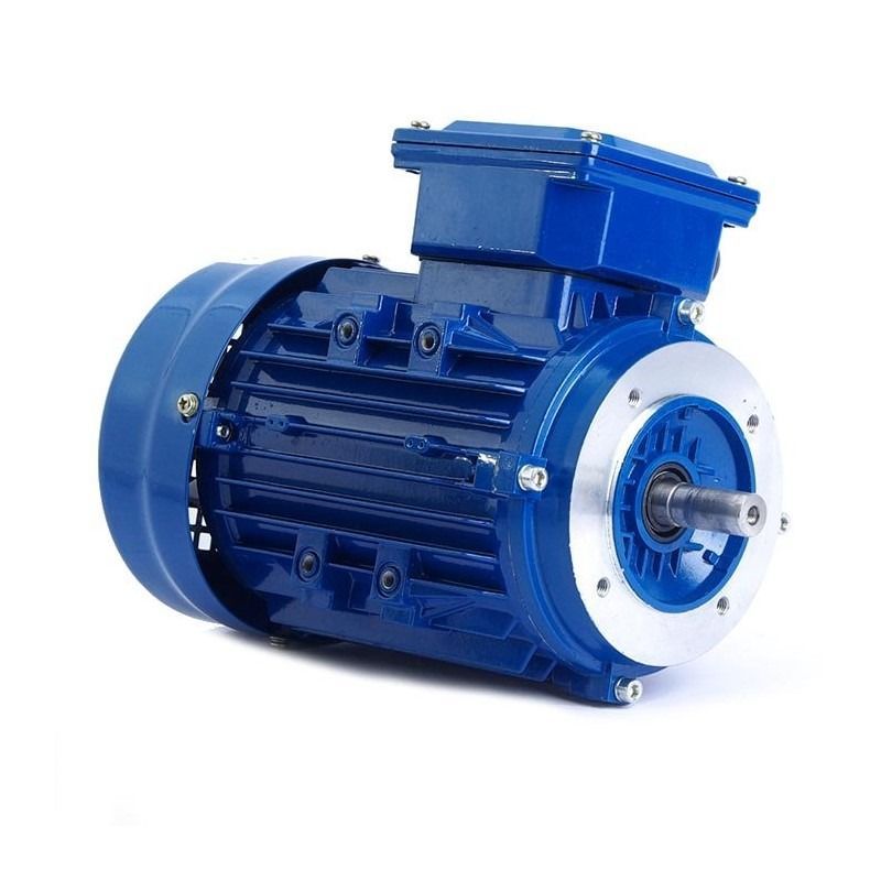 Motor eléctrico azul con placa plateada, sobre fondo blanco. El motor tiene una caja de conexiones rectangular en la parte superior.
