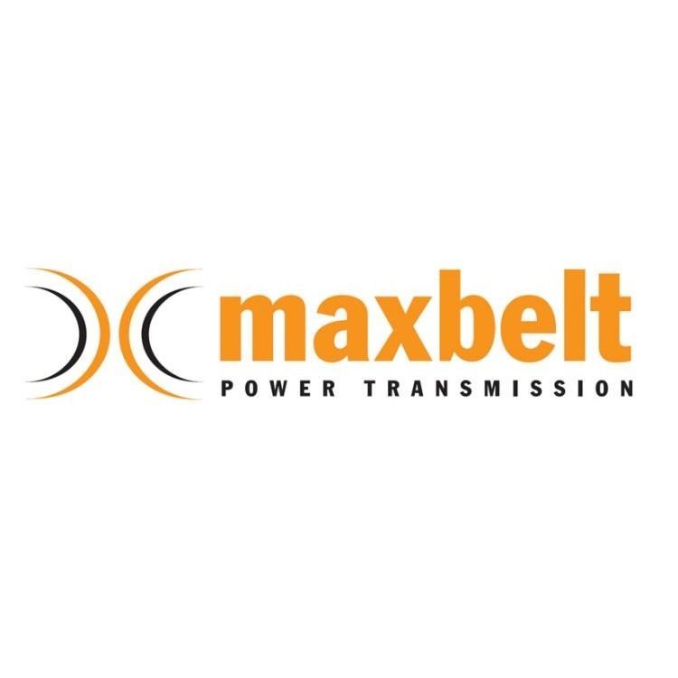 Logotipo de Maxbelt Power Transmission. Presenta un diseño estilizado en naranja y negro, con el nombre en naranja y el eslogan