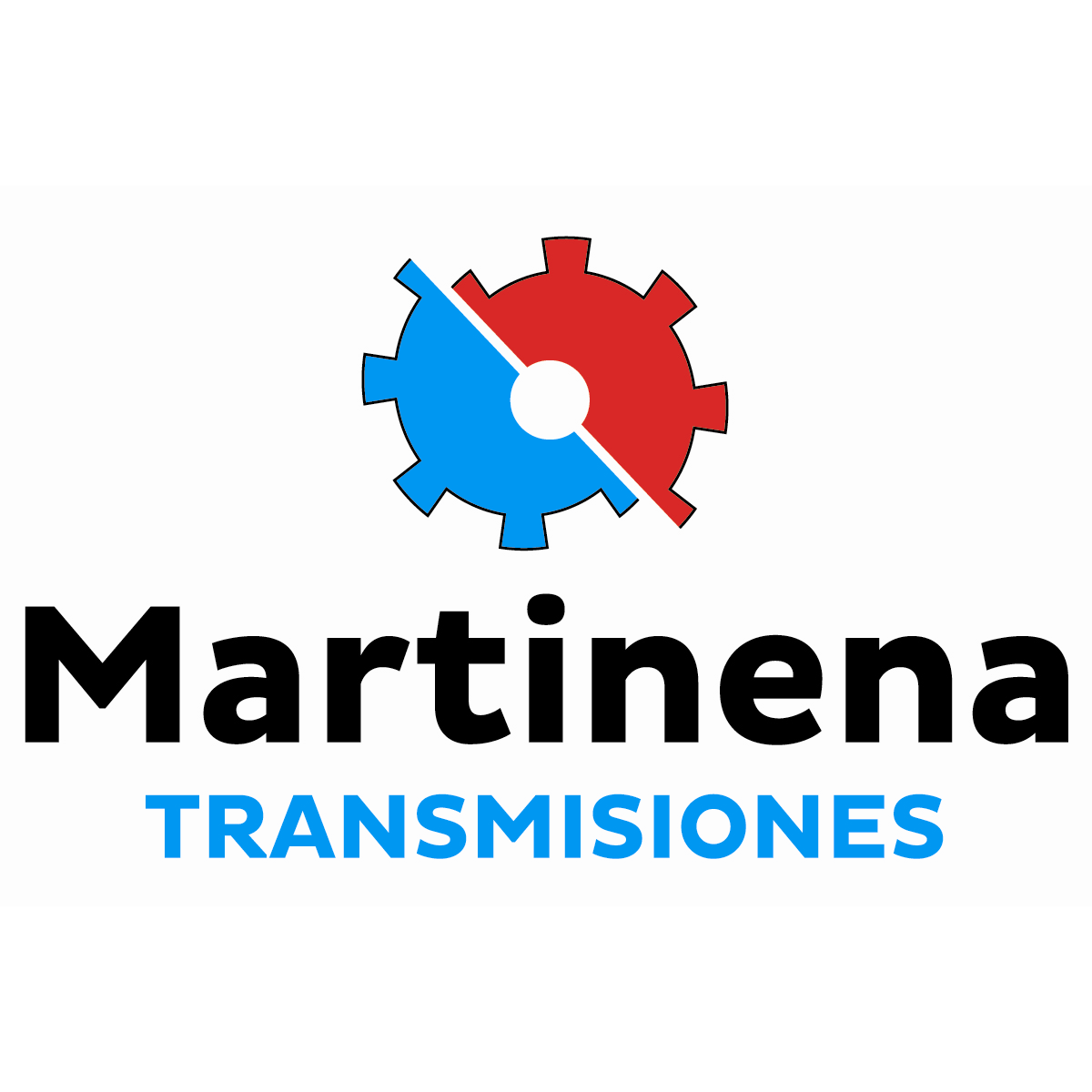 Logotipo para Martinena Transmisiones, que presenta un ícono de engranaje dividido entre azul y rojo con texto debajo.