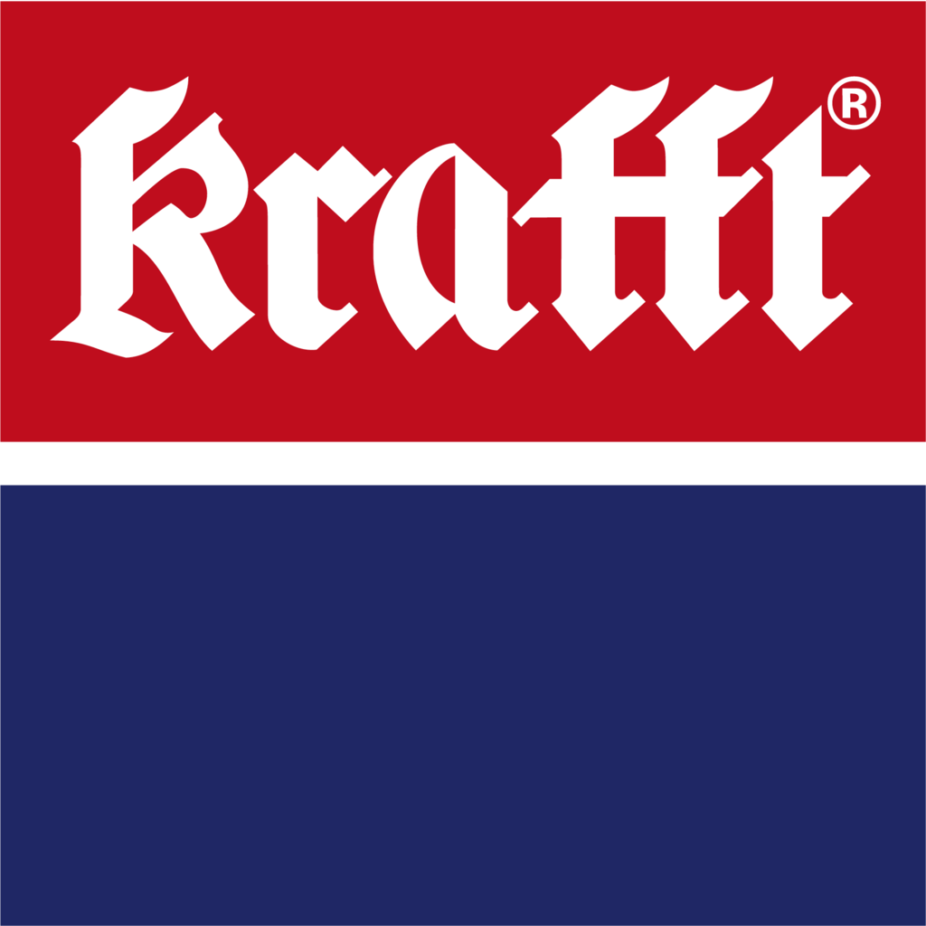 Logotipo para Kraftt, fondo rojo, texto blanco de estilo gótico sobre un rectángulo azul.