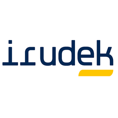 Logotipo de Irudek, un nombre de empresa en texto azul con una barra amarilla subrayada.