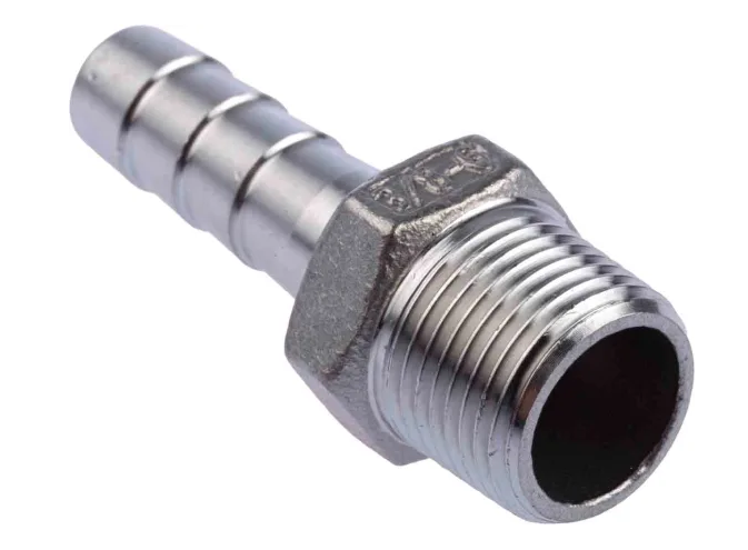 Accesorio de púas para manguera de metal con extremo roscado macho.