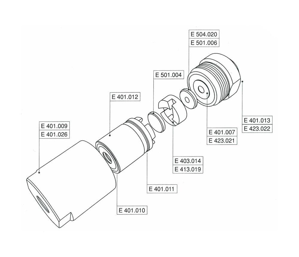 Diagrama explotado de partes mecánicas, incluidos cilindros, anillos y una carcasa, etiquetados con números de pieza.
