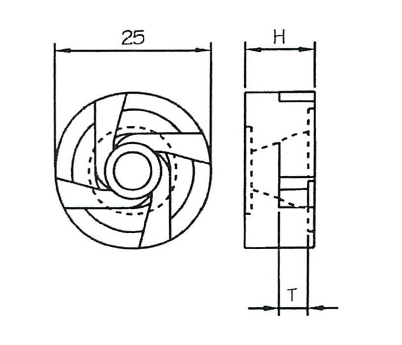 Diagrama de una pieza cilíndrica con álabes radiales, rotulada con dimensiones: diámetro 25, altura H y espesor de base T.