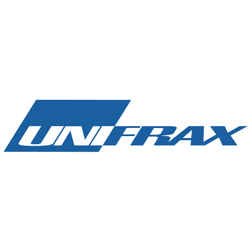 El logotipo de Unifrax: texto azul sobre fondo blanco, con un paralelogramo azul inclinado encima del texto