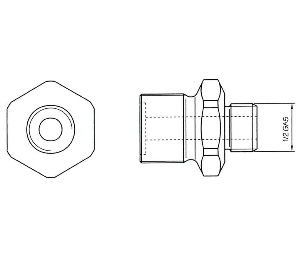 Diagrama de un accesorio hidráulico con cabeza hexagonal y extremo cilíndrico, mostrando vistas frontal y lateral.