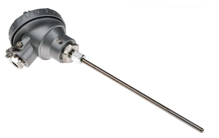 Un sensor de temperatura industrial de metal con una sonda larga que se extiende desde un cabezal gris.