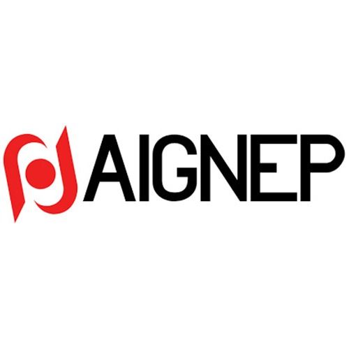 Logotipo de AIGNEP: Forma abstracta roja con un círculo al lado de las letras negras AIGNEP.