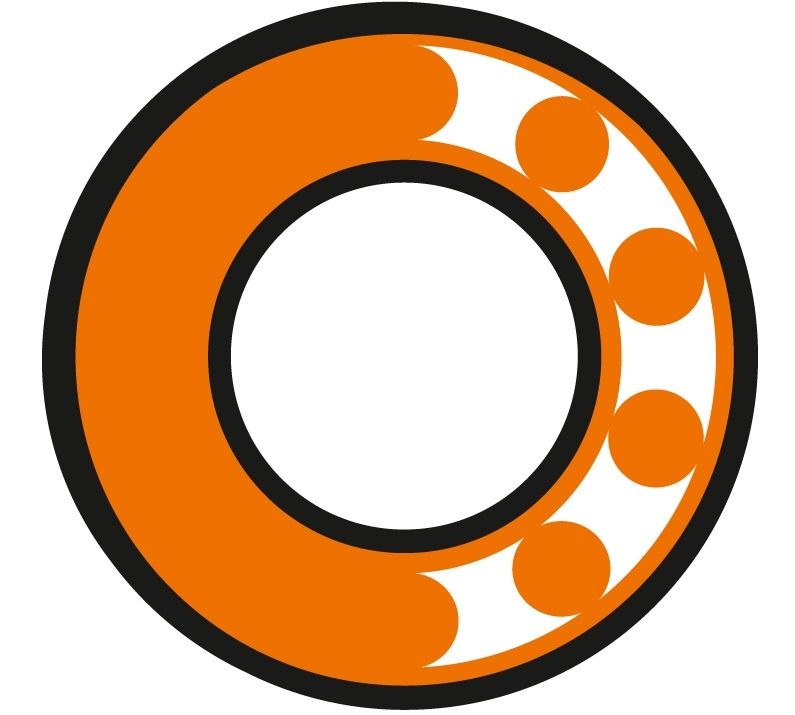 Gráfico naranja y negro de un rodamiento de bolas, que muestra el anillo exterior, el anillo interior y varias bolas internas.