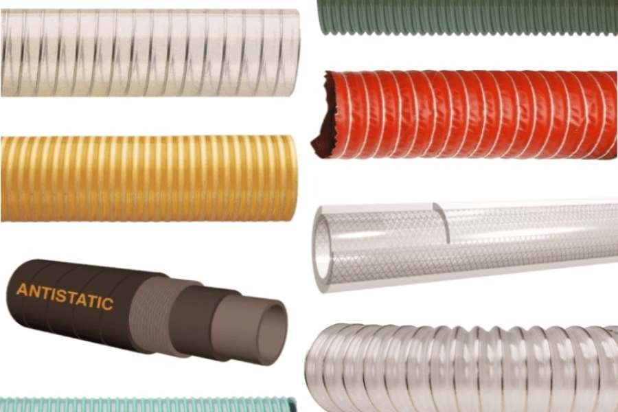 Mangueras industriales surtidas en varios colores, tamaños y materiales, incluida una manguera antiestática.