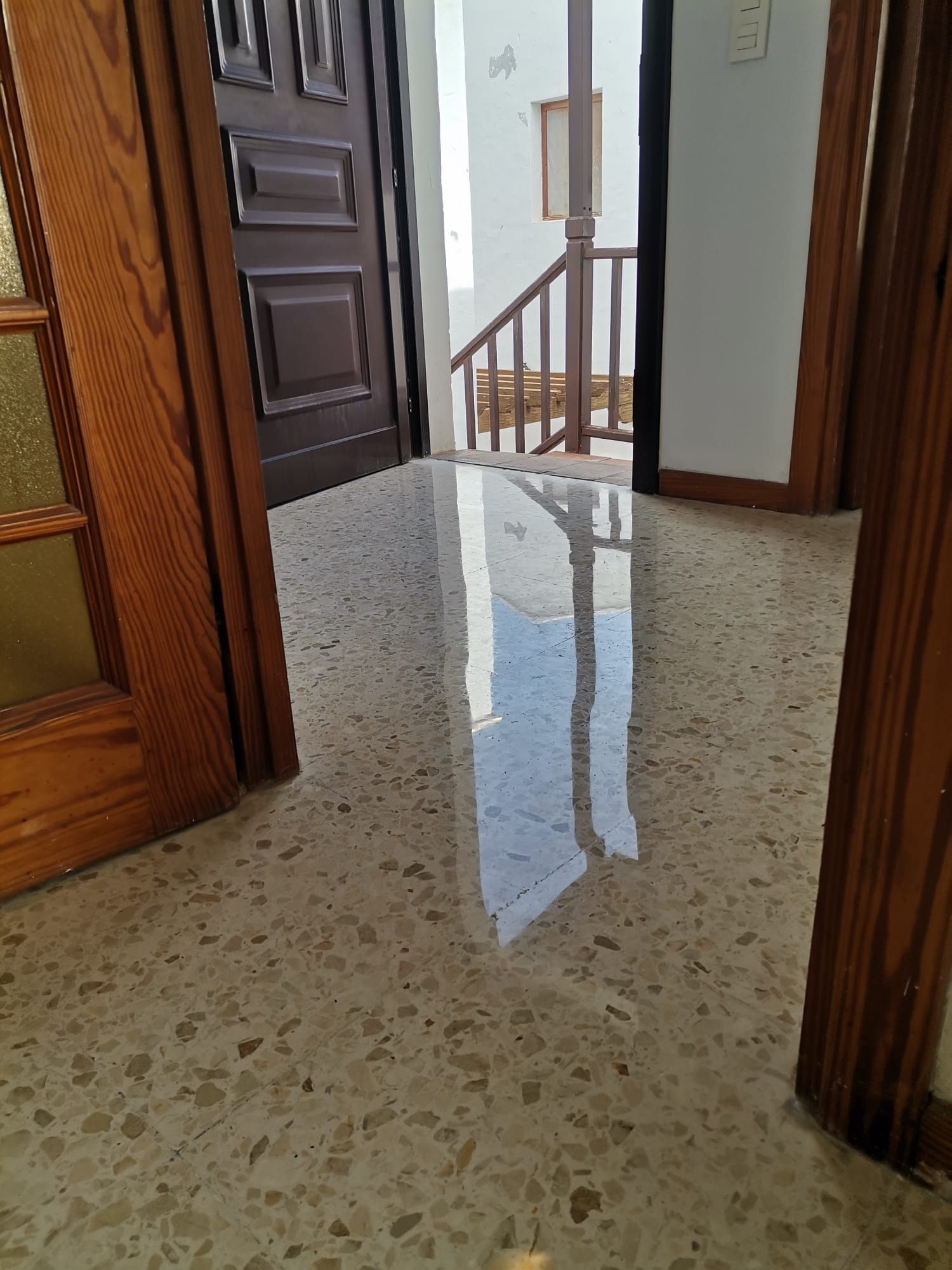 Un pasillo con suelo de mármol y una puerta de madera que conduce a una escalera.