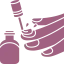 Una silueta morada de una mano sosteniendo una botella de esmalte de uñas.