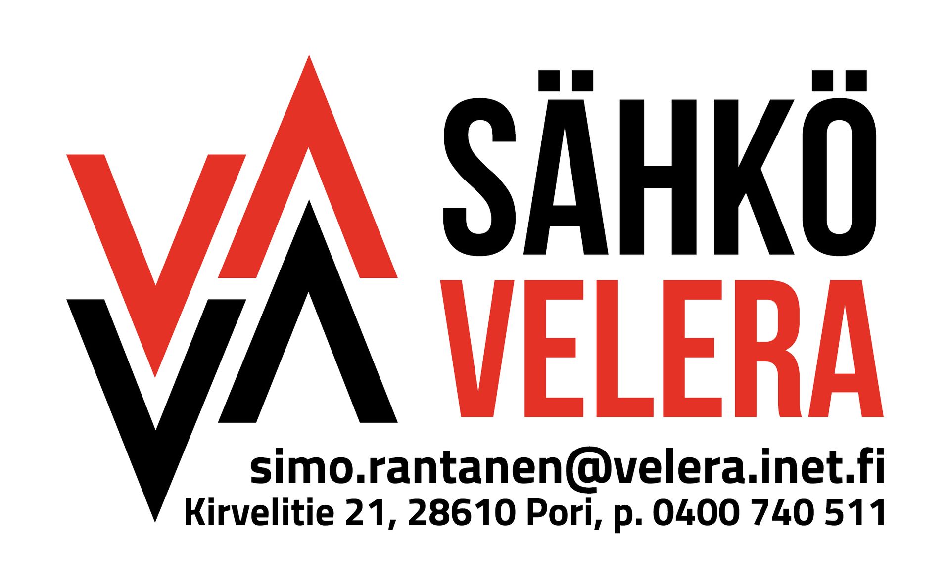 Sähkö Veleran logo, jossa on puna-mustasalama ”VA”, sekä yrityksen nimi, verkkosivusto, osoite ja puhelinnumero