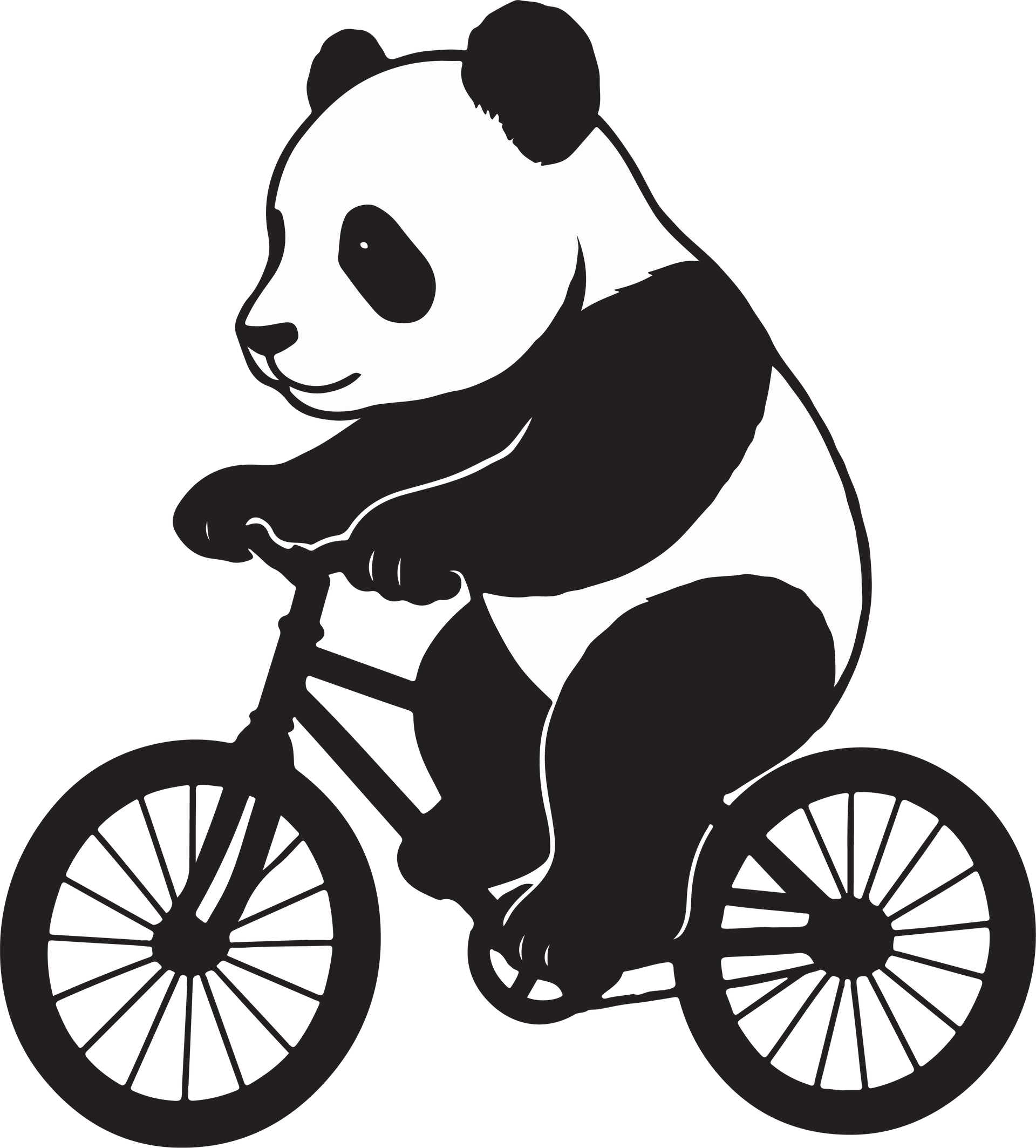 Panda à vélo, illustration en noir et blanc.