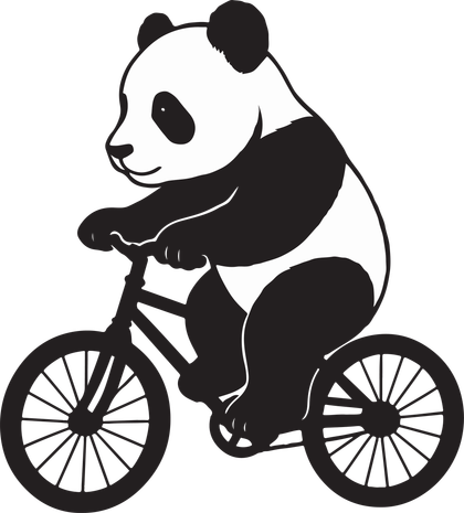 Panda à vélo, illustration en noir et blanc.