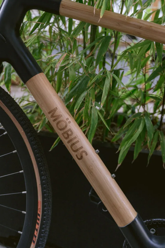 Cadre de vélo en bambou avec logo. Le cadre est noir et marron, entouré de verdure.