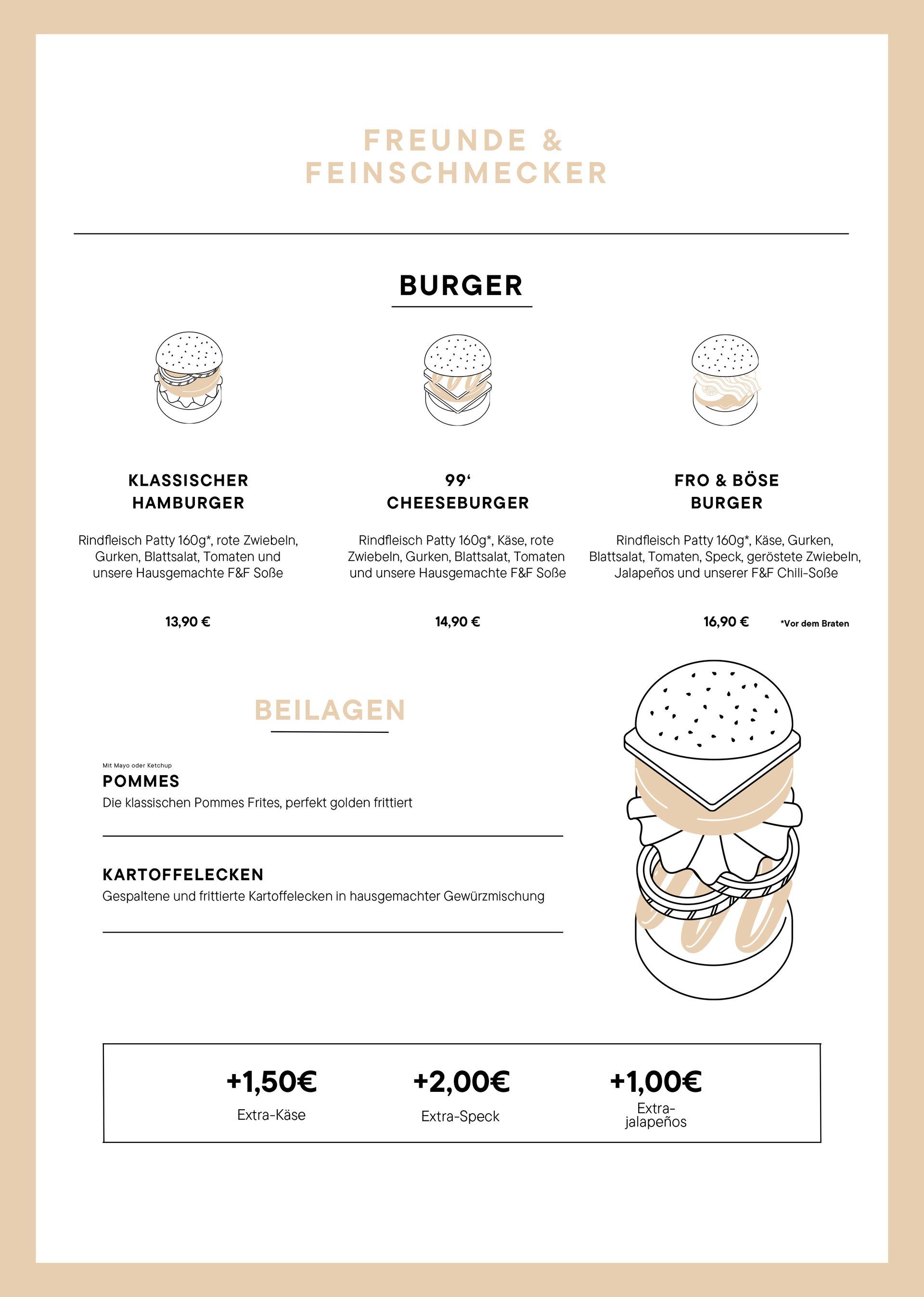 Eine Speisekarte für ein Restaurant mit dem Bild eines Hamburgers darauf.