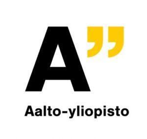 Aalto-yliopisto logo with a black “A” and yellow quotation marks on a white background