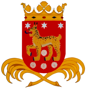 Gold heraldic shield with a spotted big cat, stars, and ornate gold trim on a red background