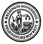 Helsinki city seal with a robed figure holding scales and a ship emblem, surrounded by circular text
