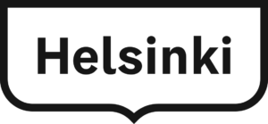 Black sign with bold white text “Helsinki” in a rounded speech-bubble shape.