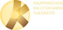 Gold circular logo with “Kauppaneuvos Kalle Kaiharin Tukisäätiö” text on white background