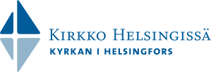 Kirkkohelsingissä logo with blue church icon and Finnish-Swedish text on white background