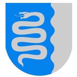 Blue and gray shield emblem with a white snake-like figure in the center