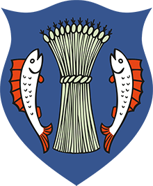 Blue shield with two fish flanking a central sheaf of reeds or wheat.