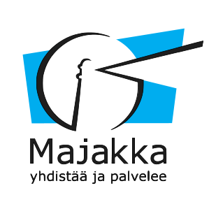 Majakka logo with black lighthouse icon and blue geometric shapes, text “Majakka” and “yhdistää ja palvelee”