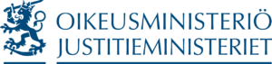 Blue Justice Ministry logo with Finnish text “Oikeusministeriö” and “Justitieministeriet” and a lion emblem