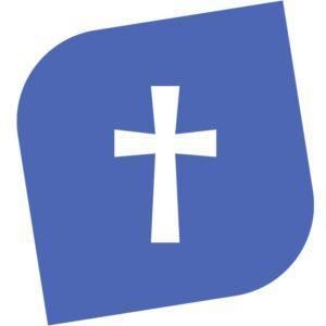 Blue tilted square with a white cross logo.