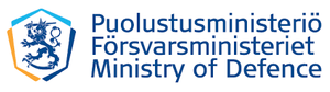 Finland Ministry of Defence logo with blue shield and trilingual text in blue and gray