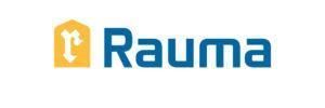Rauma logo with yellow hexagon icon and blue wordmark on white background