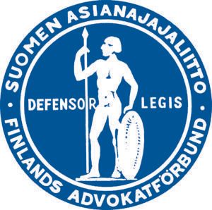 Blue-and-white circular seal reading “Women Advocates Finland,” with a statue and sword, “Defensor Legis” in center