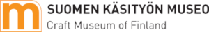 Logo for Suomen käsityön museo, orange “m” icon with Finnish and English museum name