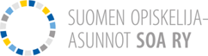 Suomen Opiskelija-Asunnot SOA ry logo with blue, yellow and gray circular icon and gray text