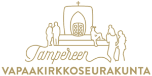 Gold logo with church illustration and text “Tampereen Vapaakirkkoseurakunta”