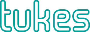 Turquoise outlined lowercase “tukes” logo on a white background