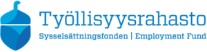 Työllisyysrahasto logo with blue shield icon and bilingual text in Finnish and English